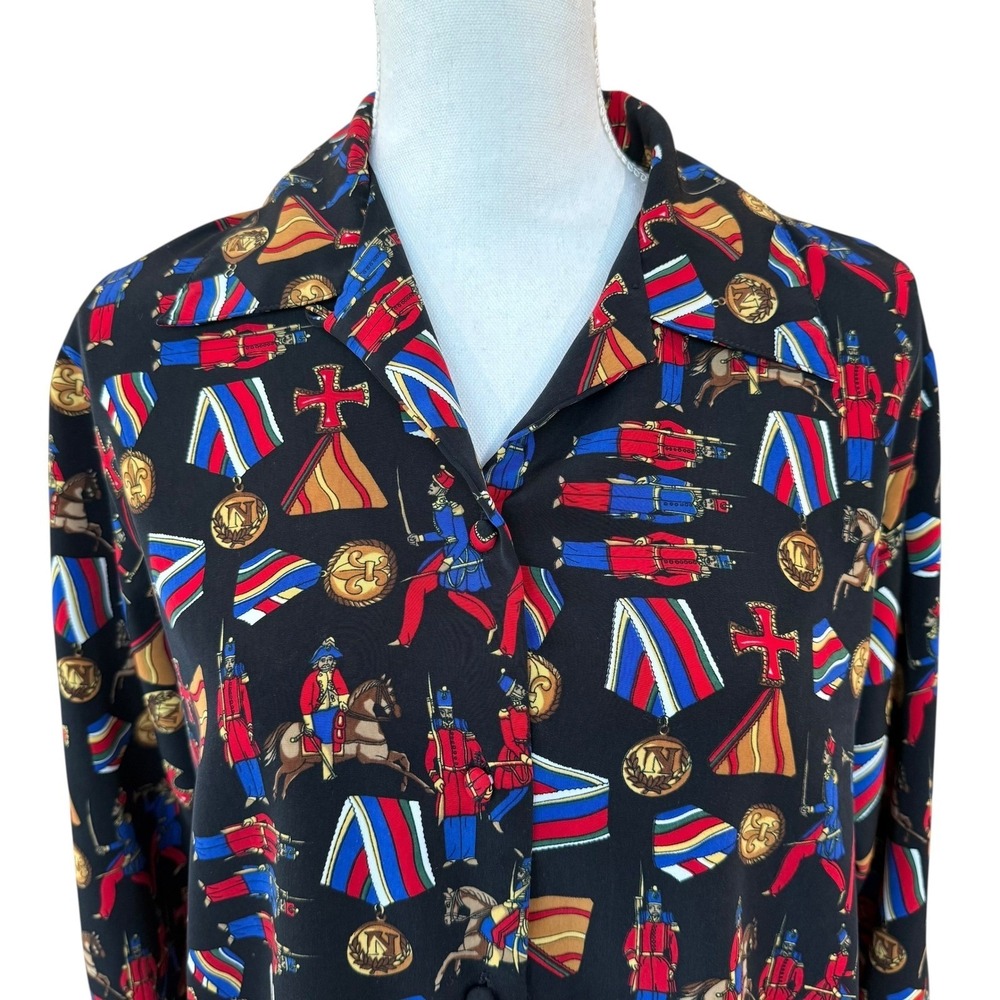 Vintage Ilyssa Maxx Military Toy Soldier Print Button Down Shirt Black Size 4